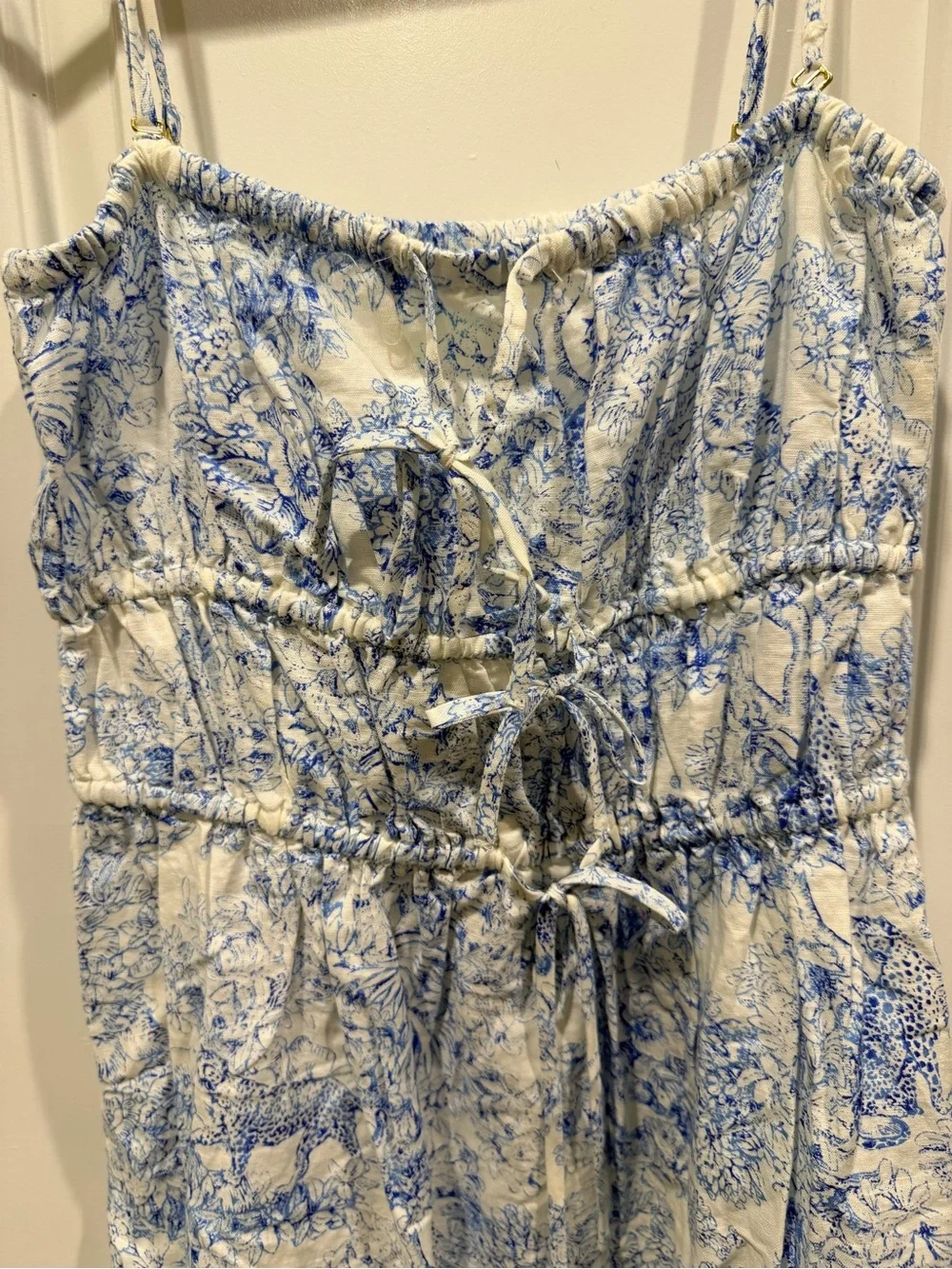 J.Crew Blue & White Toile Print Linen Blend Tie Front Dress XS NWT